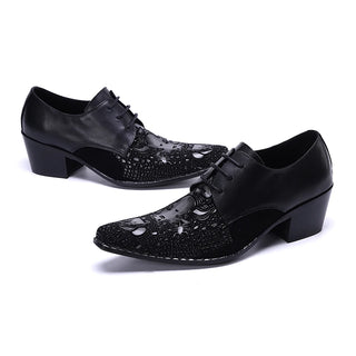 New Black Real Leather Pointed Toe Brogue Shoes Party Evening Dress Shoes Patchwork Lace Up Business Men Oxford Shoes Large Size