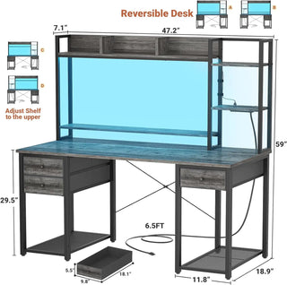 Desk with LED and Outlets Gaming Desk with Hutch 47.2'' Computer Desk with Drawers Reversible Office with Storage Bookshelf