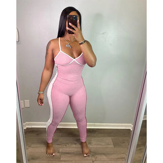 5Pcs Bulk Wholesale Women Jumpsuits Sexy Spaghetti Strap Back Bandage Rompers Ladies Summer Patchwork Elastic Slim Overalls 8115