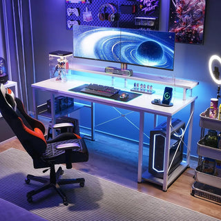 55 inch Gaming Desk with LED Lights & Power Outlets Computer Desk with Monitor Stand & Storage Sheves CPU Stand