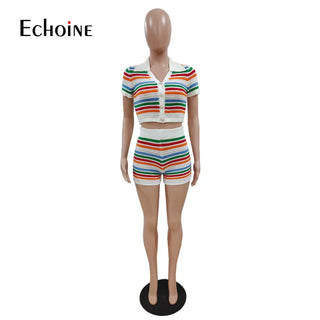 Summer Women's New Sexy Knitted Clash Colour Stripe Short Sleeve Button Top Shorts Casual Fashion Two Piece Set Outfits Thomas Family Essentials