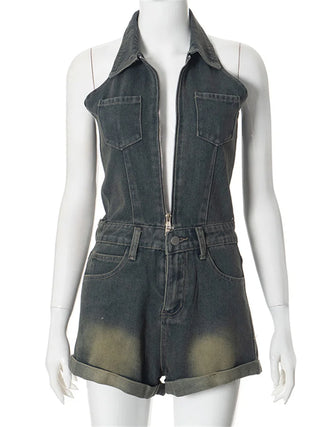 Women Jeans Rompers Casual Lapel Collar Halter Playsuits Sexy Backless Denim Overalls by Thomas Family Essentials