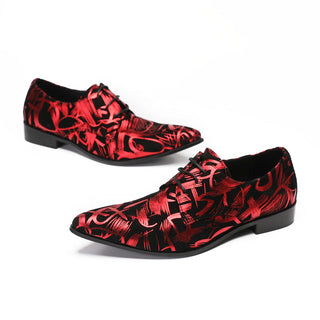 Red Fashion Print Pointed Toe Wedding Party Evening Shoes Business Celebrate Formal Shoes Man Cow Leather Big Size Lace Up Shoes