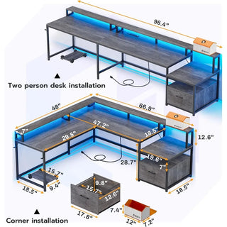 L Shaped Office Desk, 66" Home Office Desk with File Drawer & Power Outlet, Gaming Desk with Led Lights, Standing Desk Converter