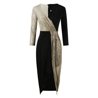 New Luxury High Waist Party Dress Elegant Black Gold Sequins Splice Long Sleeve Prom Split Women Midi Dresses Vestidos