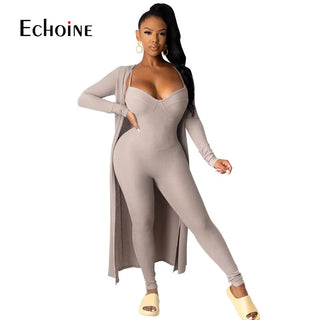 New Autumn Rib Solid Two-piece Woman Sexy Sling Tight One Piece Jumpsuit and Long Cardigan Shawl Jacket Outfits Thomas Family Essentials