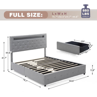 Full/ Queen LED Bed Frame with 4 Storage Drawers and 2 USB Ports, Modern Adjustable Upholstered Button Tufted Headboard Thomas Family Essentials