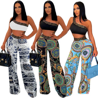 One Shoulder Sleeveless Crop Top+Wide Legged Pants Two 2 Pieces Set Summer Sexy Nightclub Party Outfits