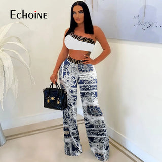 One Shoulder Sleeveless Crop Top+Wide Legged Pants Two 2 Pieces Set Summer Sexy Nightclub Party Outfits