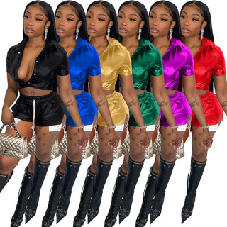 Women Fashion Pu Leather Crop Tops Coats And slit Shorts 2 Two Piece Set Matching Suits Summer Sexy Female Slim Outfits Thomas Family Essentials