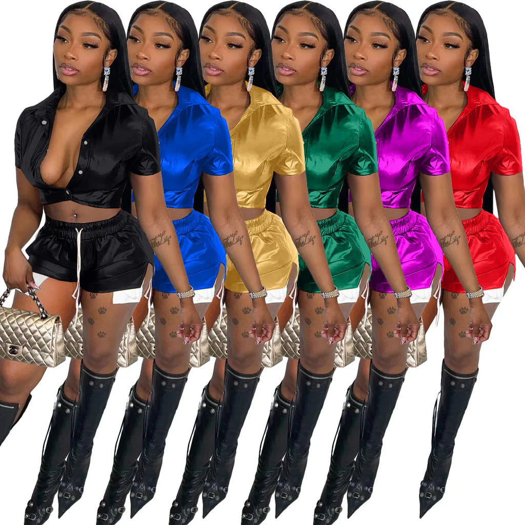 Women Fashion Pu Leather Crop Tops Coats And slit Shorts 2 Two Piece Set Matching Suits Summer Sexy Female Slim Outfits Thomas Family Essentials