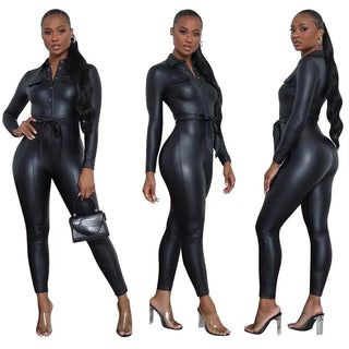 5Pcs Bulk Items Wholesale PU Leather Jumpsuits Women Long Sleeves Single Breasted Belt One Piece Rompers Sexy Bodycon Overalls