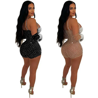 5Pcs Bulk Wholesale Rhinestone Playsuits Women Sexy See Through Mesh Spaghetti Strap Rompers with Gloves Clubwear Jumpsuit 10968