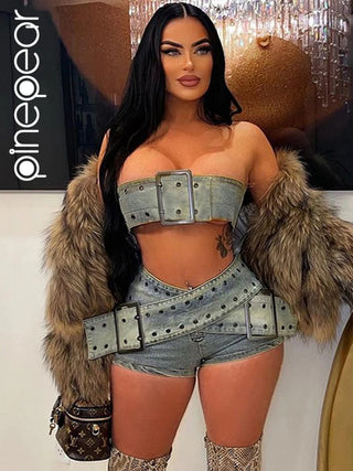 PinePear Denim Women 2 Piece Set 2024 Summer Sexy Street Mini Shorts and Big Belt Strapless Crop Top Female Jeans Matching Set