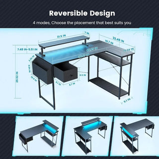 47 inch L Shaped Gaming Desk with LED Lights & Adjustable Stand, Power Outlets, Reversible Gaming Desk with Shelves,Hook