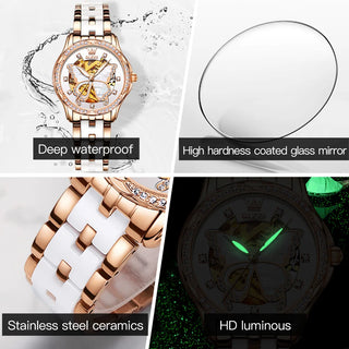 OLEVS Women's Automatic Watches Skeleton Mechanical Ladies Elegant Luxury Dress Butterfly Diamond White Ceramic Band Watch Gift