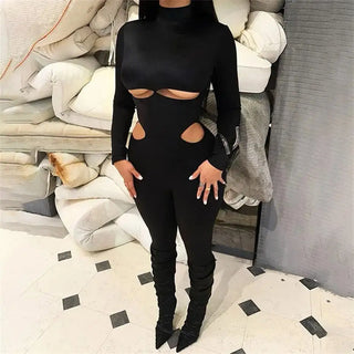 5Pcs Wholesale Bulk Items Jumpsuits Women Sexy Hollow Out Bodycon Rompers Female Y2K Clubwear Long Sleeves Skinny Solid Overalls