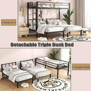 Metal Triple Bunk Beds Kids Teens Space Saver Three Bed Bunk Beds Can Separate into 3 Twin Beds Full-Length Guardrails Sturdy