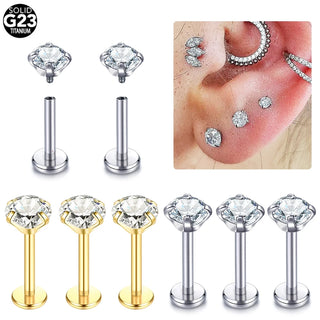 Labret Piercing Titanium Gold Plated Conch Helix Piercing Stud Earring Cubic Zircon Lip Studs Ring Cartilage Earring Jewelry