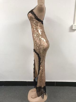 Women sling lace sequined contrast patchwork sexy slit dress