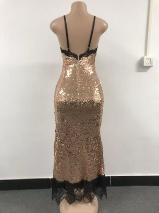 Women sling lace sequined contrast patchwork sexy slit dress