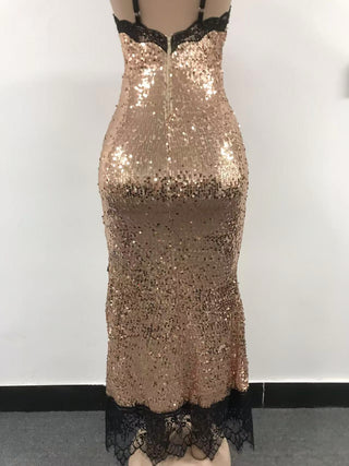 Women sling lace sequined contrast patchwork sexy slit dress