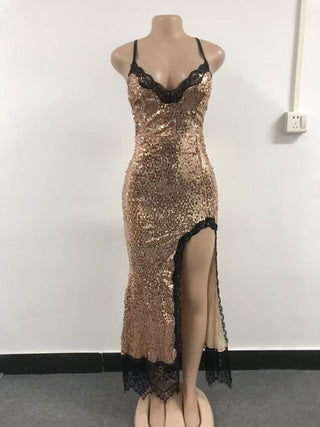 Women sling lace sequined contrast patchwork sexy slit dress