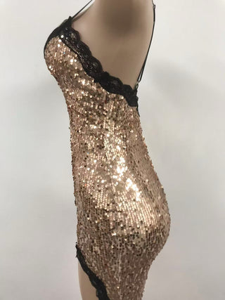 Women sling lace sequined contrast patchwork sexy slit dress