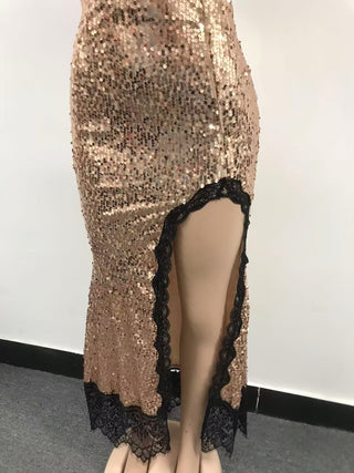 Women sling lace sequined contrast patchwork sexy slit dress