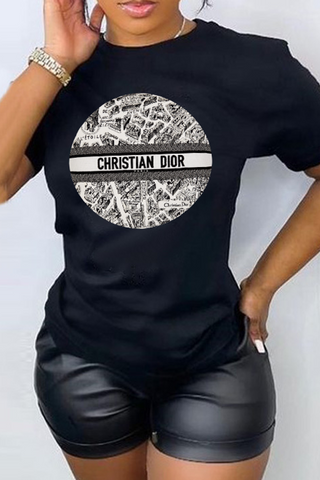 Black Casual Street Print Patchwork O Neck T-Shirts