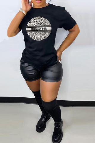 Black Casual Street Print Patchwork O Neck T-Shirts