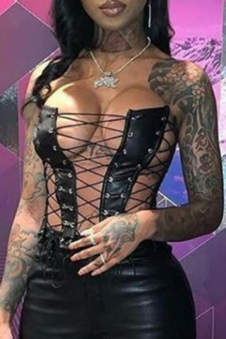 Black Sexy Solid Hollowed Out Frenulum Backless Strapless Tops