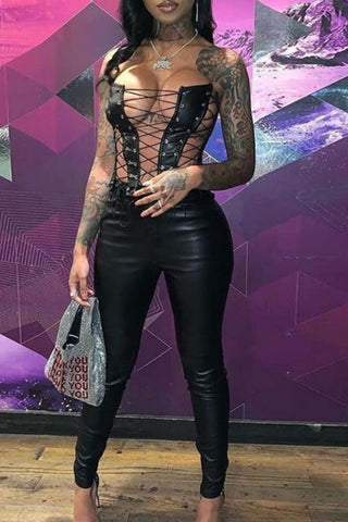 Black Sexy Solid Hollowed Out Frenulum Backless Strapless Tops