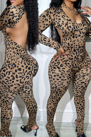 Dark Brown Sexy Leopard Bandage Patchwork Backless U Neck Skinny Jumpsuits