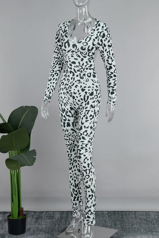 Dark Brown Sexy Leopard Bandage Patchwork Backless U Neck Skinny Jumpsuits