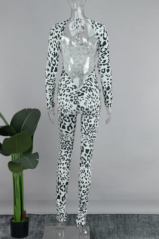 Dark Brown Sexy Leopard Bandage Patchwork Backless U Neck Skinny Jumpsuits