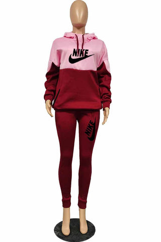 Red Casual Print Patchwork Letter Hooded Collar Long Sleeve Two Pieces