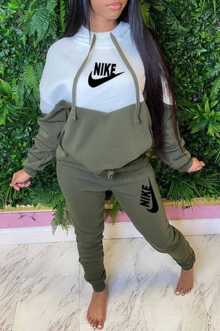 Red Casual Print Patchwork Letter Hooded Collar Long Sleeve Two Pieces