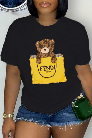 Black Casual Street Print Letter O Neck T-Shirts