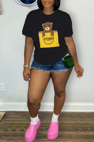 Black Casual Street Print Letter O Neck T-Shirts