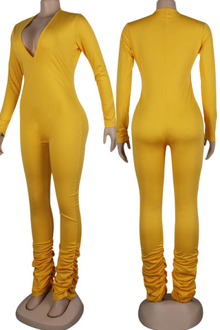 Sexy Solid Patchwork V Neck Skinny Jumpsuits