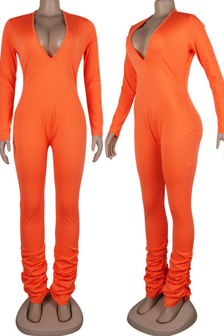 Sexy Solid Patchwork V Neck Skinny Jumpsuits