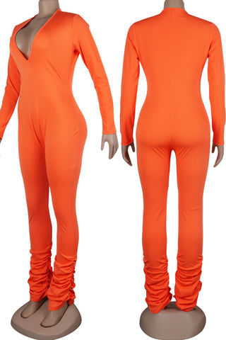Sexy Solid Patchwork V Neck Skinny Jumpsuits