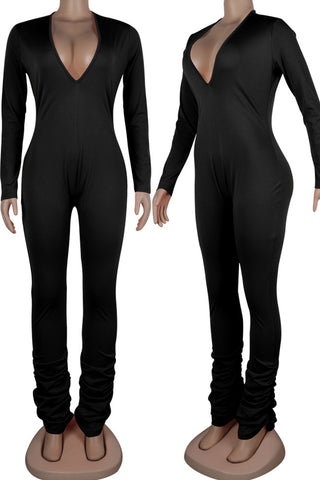 Sexy Solid Patchwork V Neck Skinny Jumpsuits