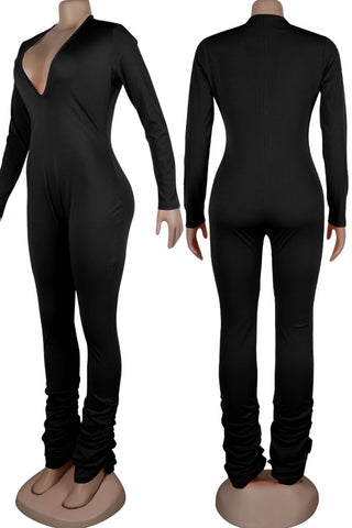 Sexy Solid Patchwork V Neck Skinny Jumpsuits
