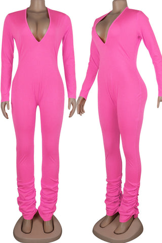 Sexy Solid Patchwork V Neck Skinny Jumpsuits