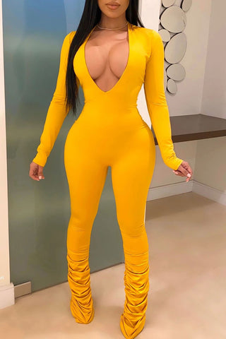 Sexy Solid Patchwork V Neck Skinny Jumpsuits