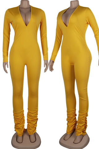 Sexy Solid Patchwork V Neck Skinny Jumpsuits