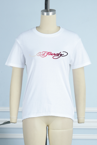 White Casual Print Patchwork O Neck T-Shirts