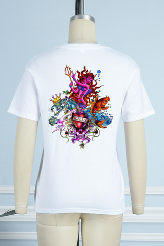 White Casual Print Patchwork O Neck T-Shirts